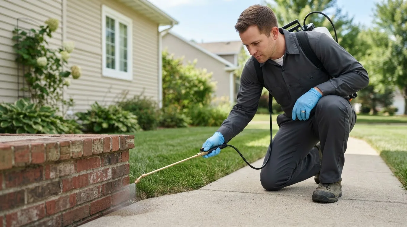 Pest control technician treating a home near New Richmond, WV